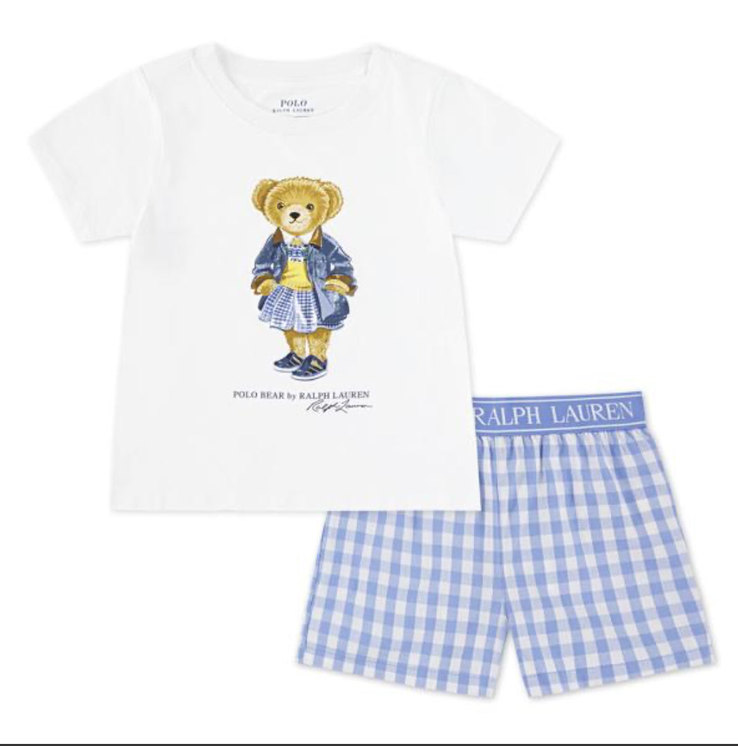 Polo Ralph Lauren pyjamas sett med lyseblå shorts og hvit T-skjorte med bamsemotiv – Jente – 8–16 år