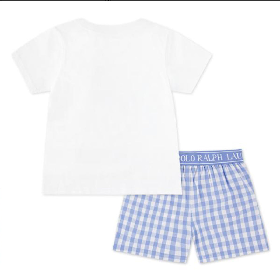 Polo Ralph Lauren pyjamas sett med lyseblå shorts og hvit T-skjorte med bamsemotiv – Jente – 8–16 år