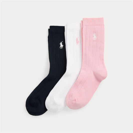 Polo Ralph Lauren sokker 3-pk i hvit, blå og rosa for jente Str. 32–39