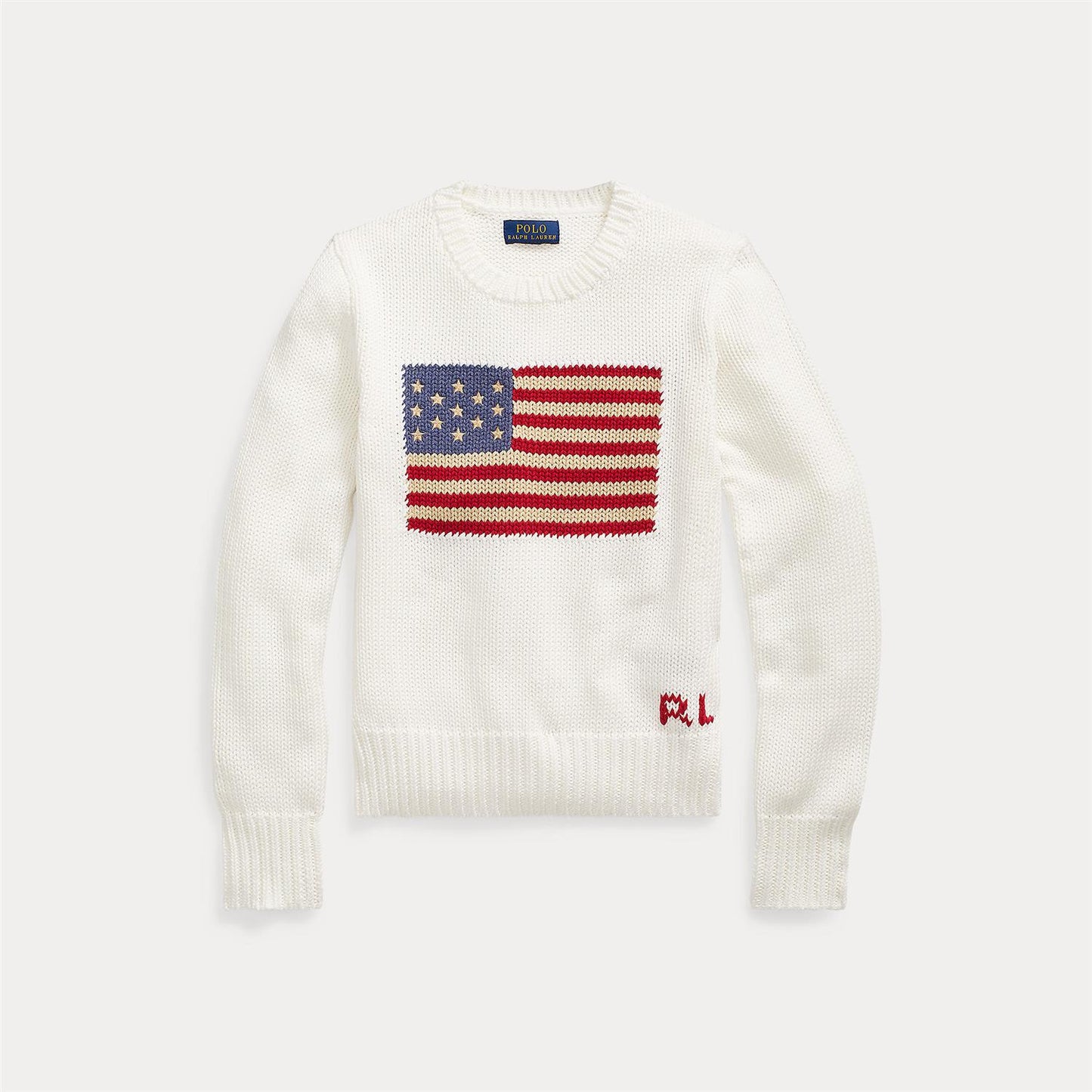 Hvit strikkegenser fra Ralph Lauren med amerikansk flagg – gutt