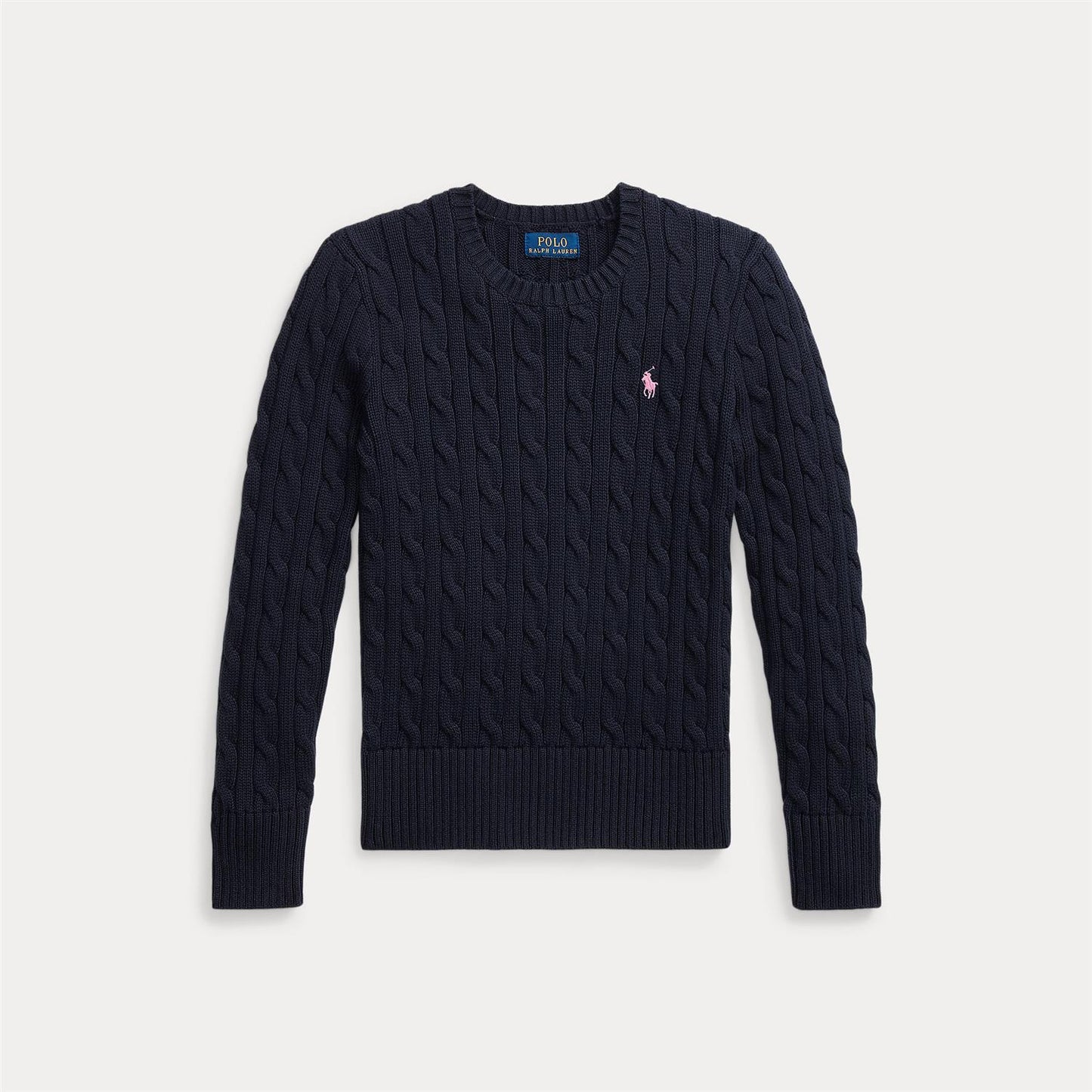 Marineblå flettegenser fra Ralph Lauren med hvit logo – til jente