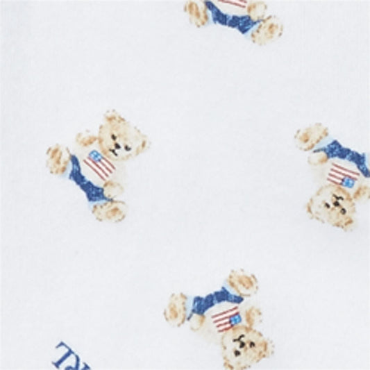 Ralph Lauren heldrakt med blå bamsemønster på hvit bunn – sett forfra