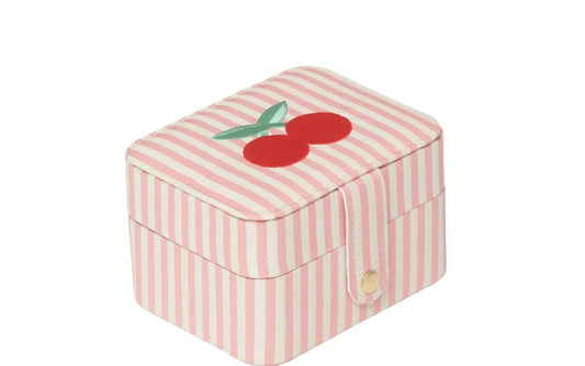 Smykkeskrin fra Rockahula med rosa og hvite striper og kirsebærbroderi – sett med lokket lukket