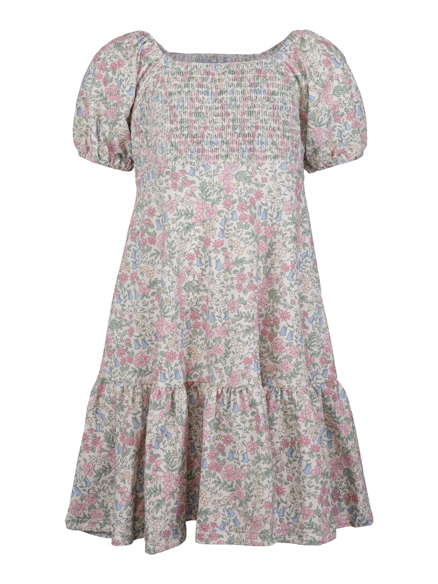 Vanja blomstret jerseykjole fra Vilje & Ve med puffermer og volanger – til jente 3–10 år