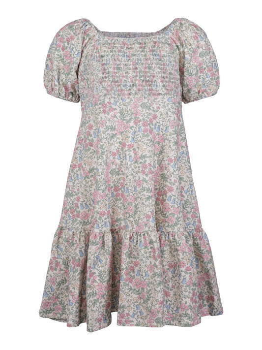 Vanja blomstret jerseykjole fra Vilje & Ve med puffermer og volanger – til jente 3–10 år