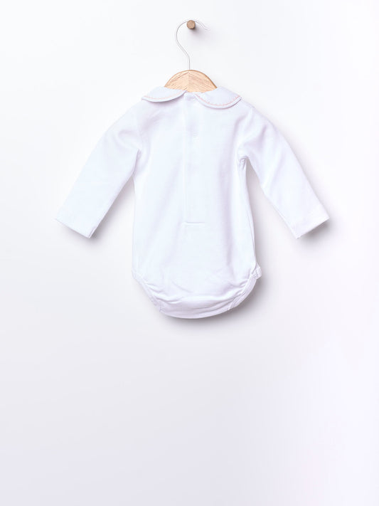 Wedoble hvit body med krage og rosa broderi for jente 3–24 mnd