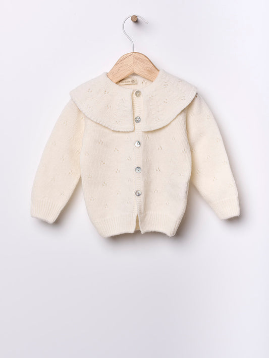 Wedoble ullcardigan med krage i hvit for jente 0,5–3 år