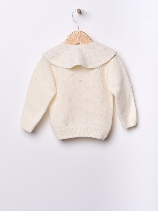 Wedoble ullcardigan med krage i hvit for jente 0,5–3 år