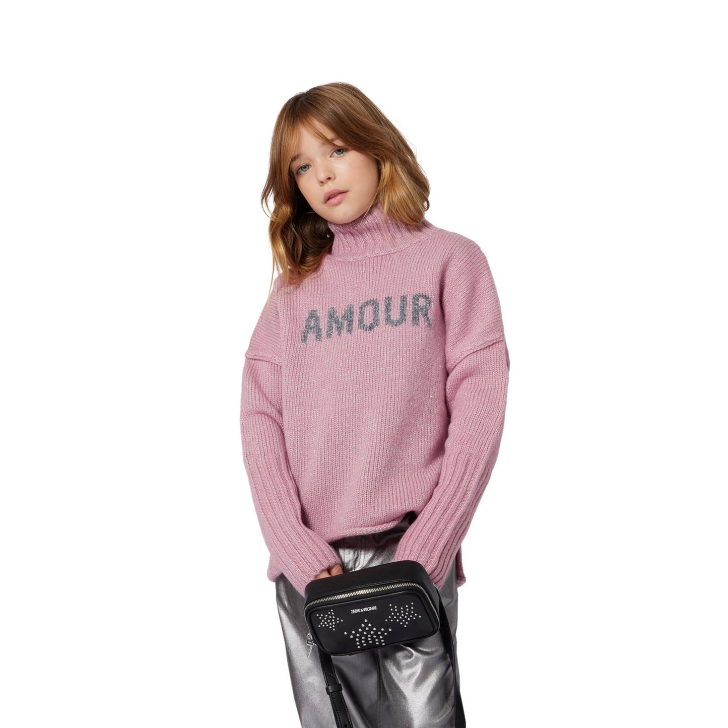 Zadig & Voltaire rosa strikkegenser med AMOUR-trykk på brystet