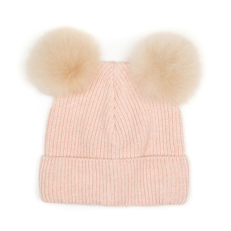 Hat Knit 2 Pom Poms