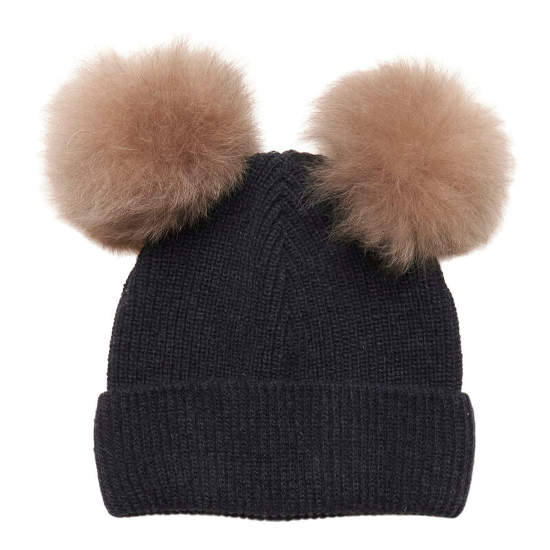 Hat Knit 2 Pom Poms