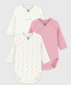 Petit Bateau – 3-pakning bodyer med kryssknepping – Rosa – Jente – 0-1 år