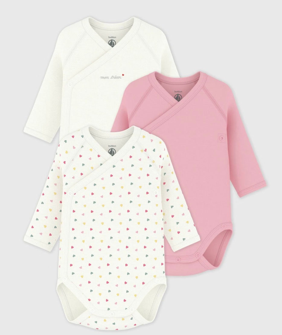 Petit Bateau – 3 pk body med kryssknepping – Rosa – Jente – 0-1 år