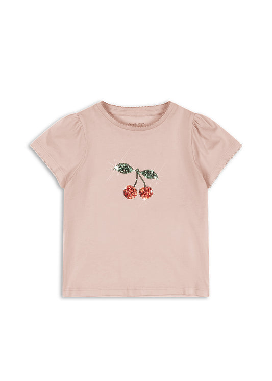 Konges Sløjd – Puff Tee med brodert glitterkirsebær – Rosa – Jente – 2-8 år