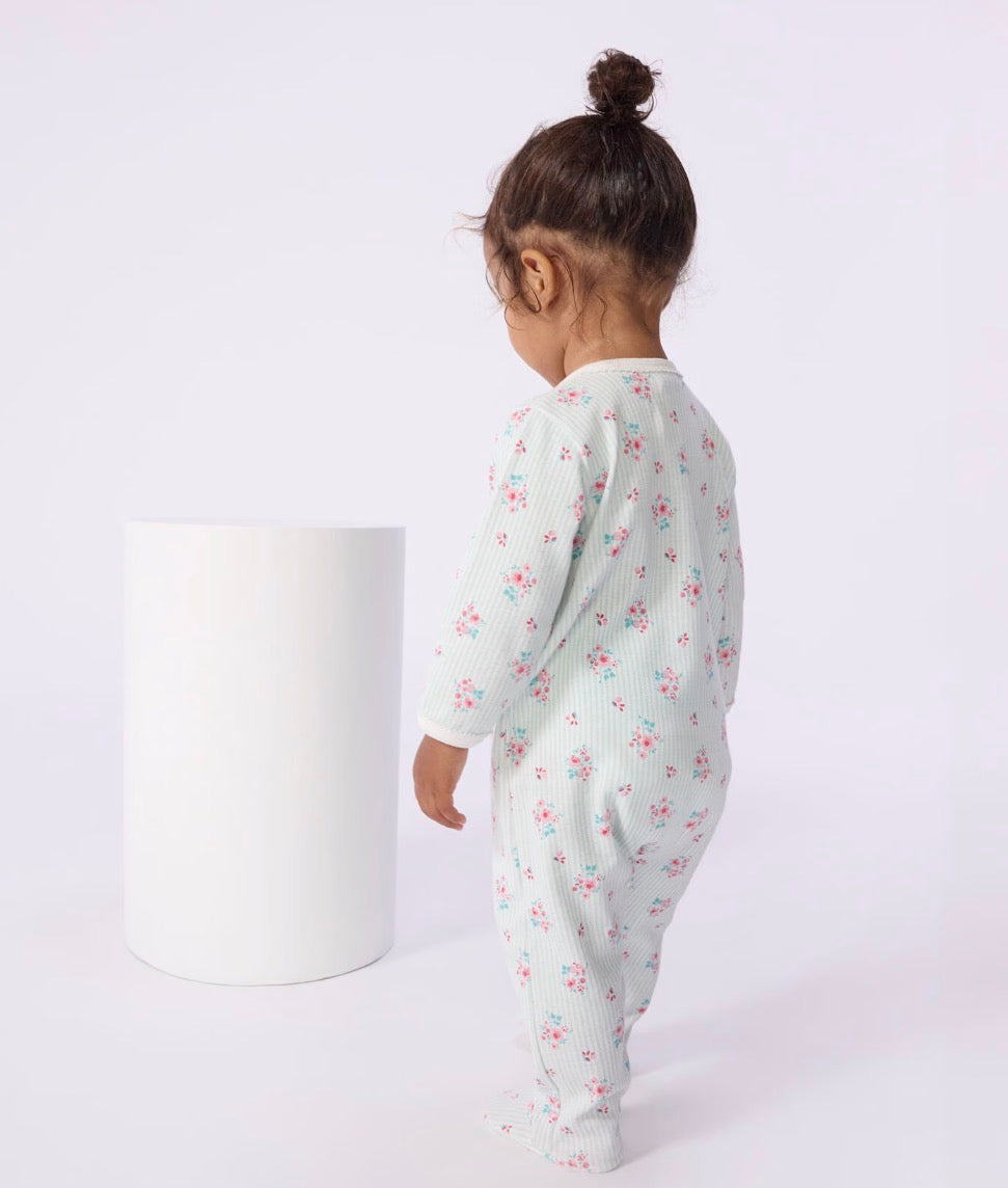 Petit Bateau – Pyjamas med striper og blomster – Lysegrønn/hvit – Jente – 0-2 år