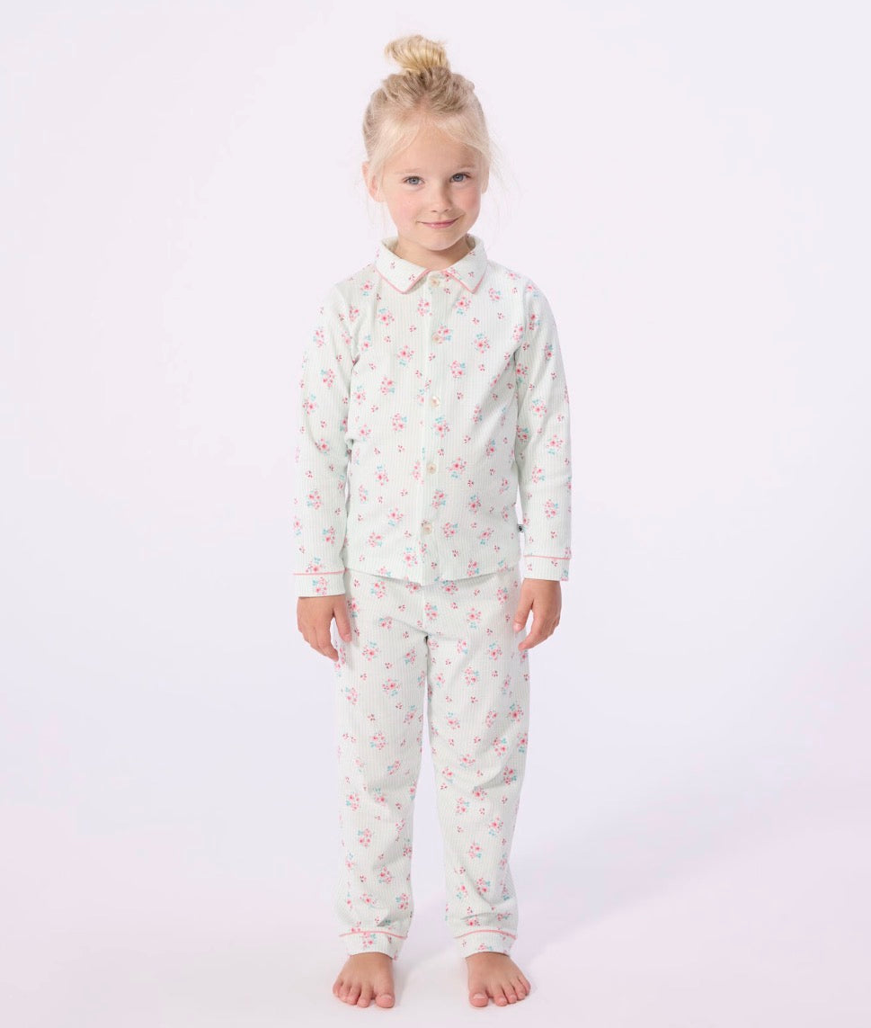Petit Bateau – Pyjamas med striper og blomster – Grønn/hvit – Jente – 4-12 år