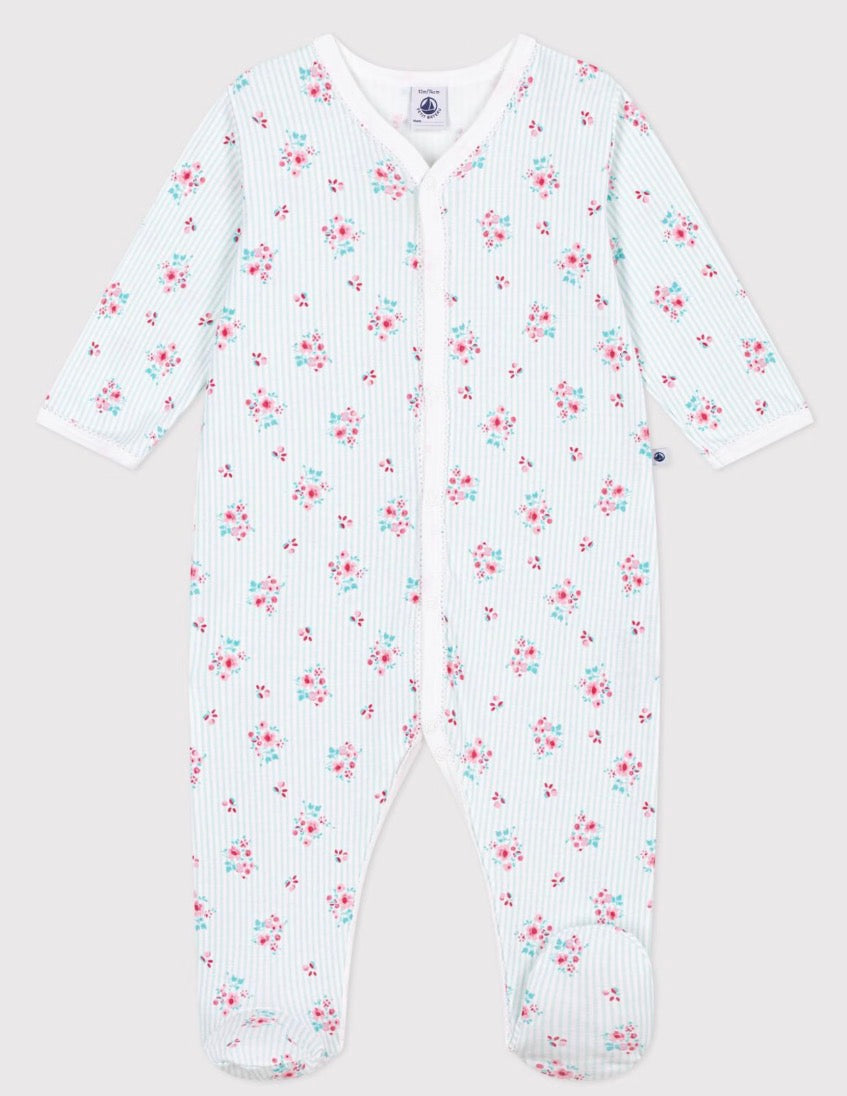 Petit Bateau – Pyjamas med striper og blomster – Lysegrønn/hvit – Jente – 0-2 år
