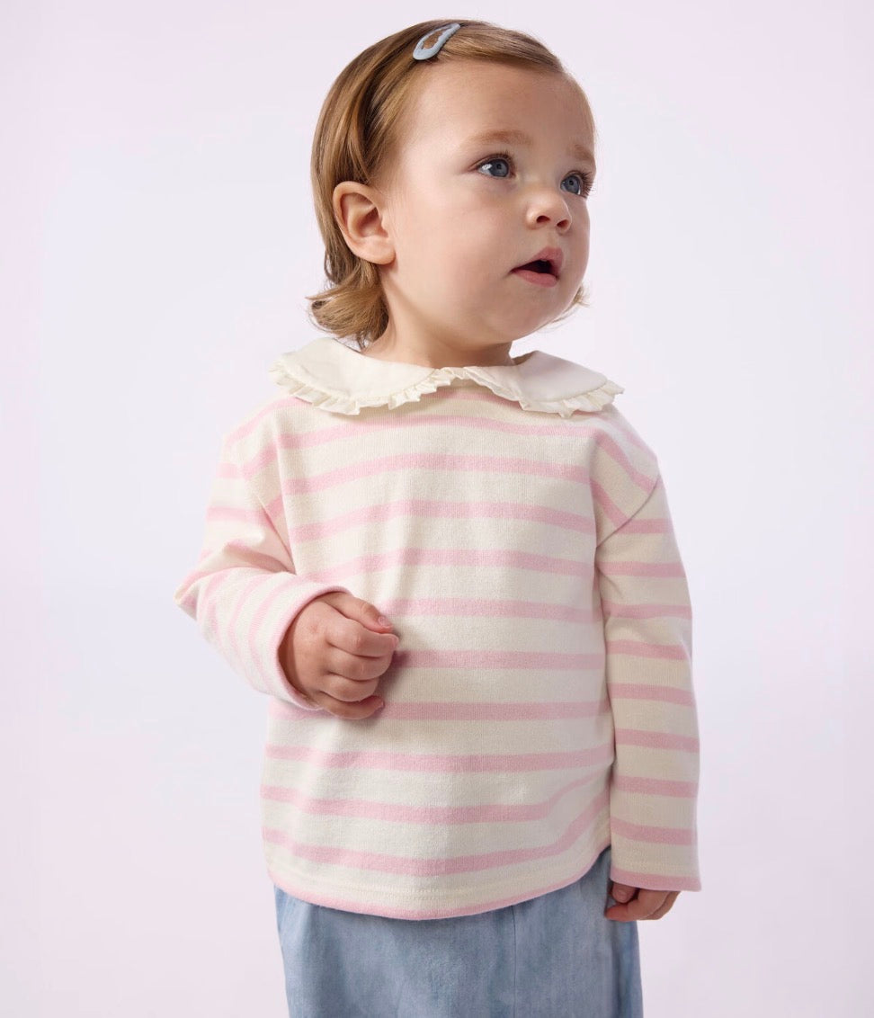 Petit Bateau – Genser med striper og krage – Rosa og offwhite – Jente – 1-3 år