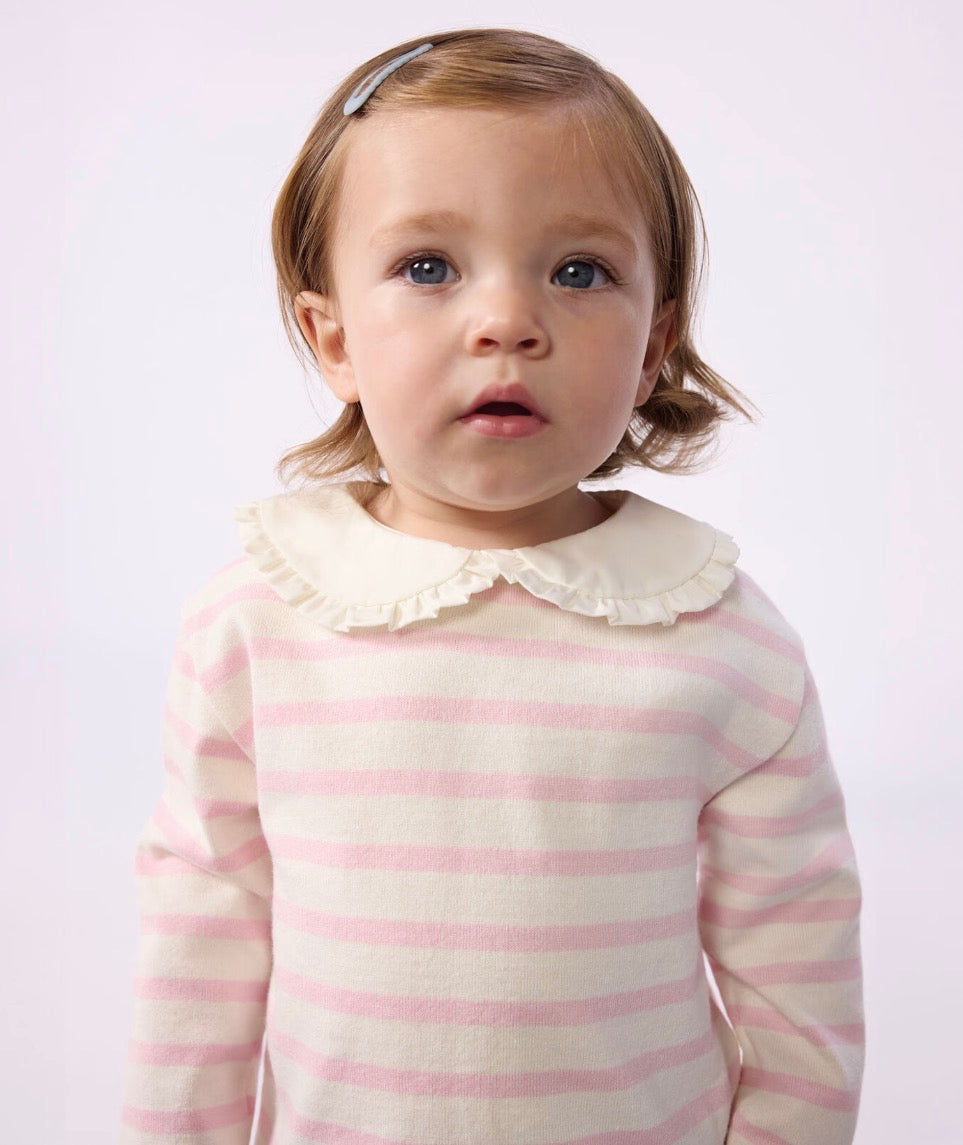Petit Bateau – Genser med striper og krage – Rosa og offwhite – Jente – 1-3 år