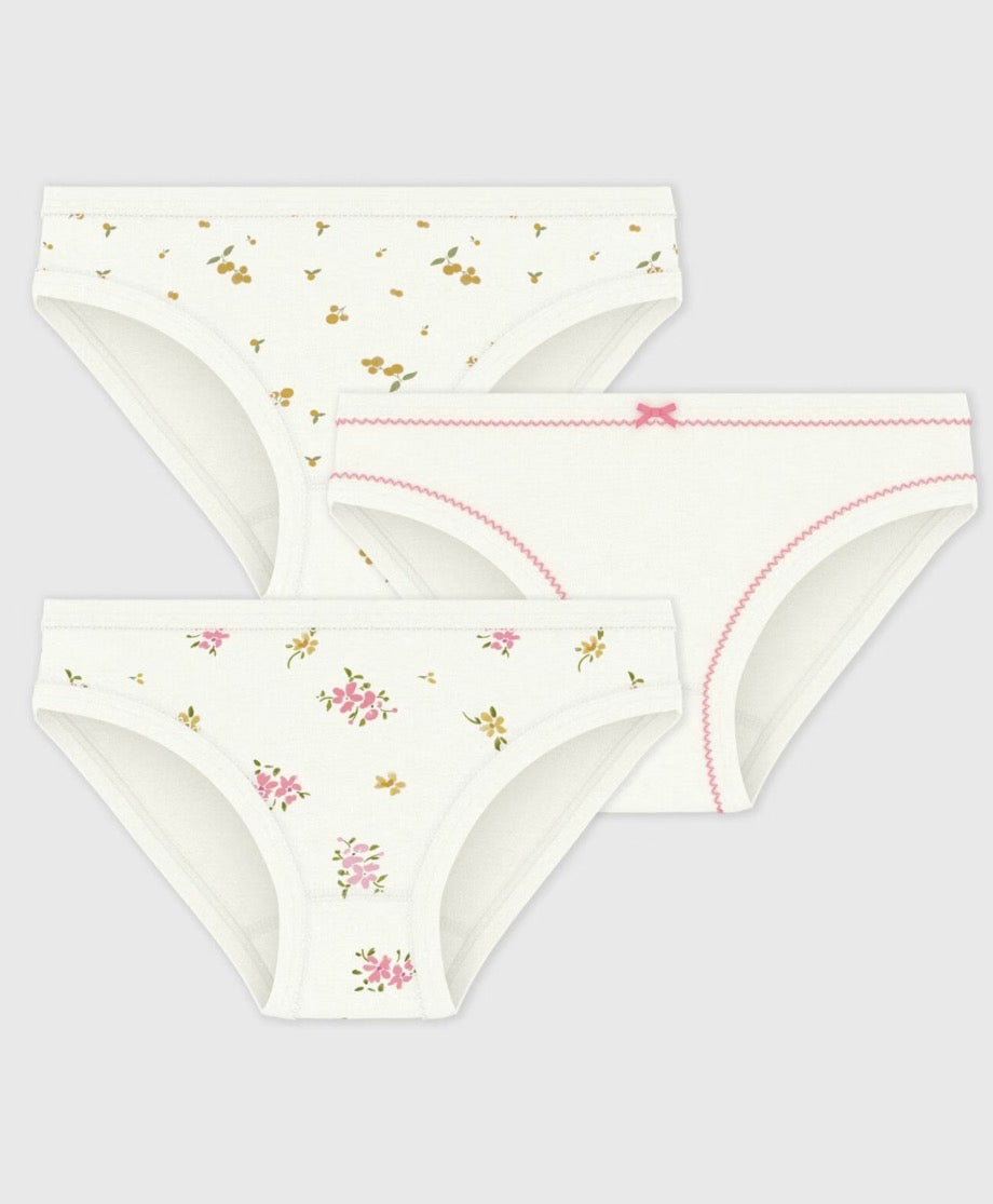 Petit Bateau – 3-pakning truser med blomstermønster – Hvit – Jente – 3-8 år