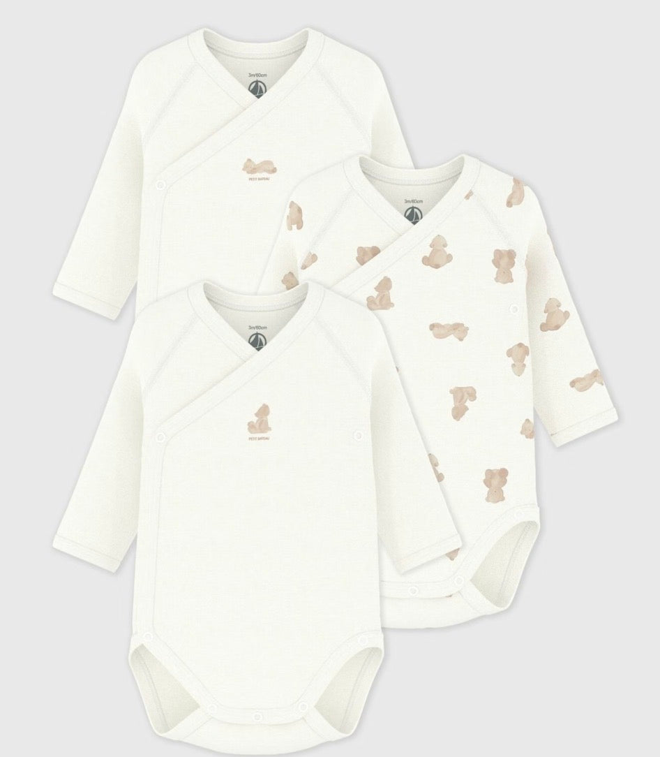 Petit Bateau – 3 pk body med kryssknepping – Hvit – Unisex – 0-1 år