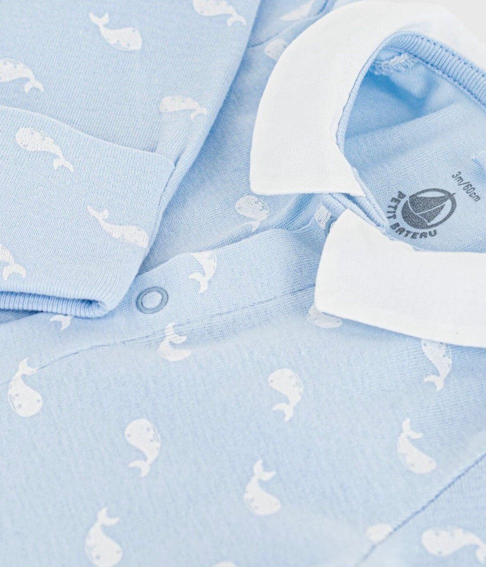 Petit Bateau – Heldrakt med hvalprint og krage – Blå – Gutt – 0-6 mnd – 0 år