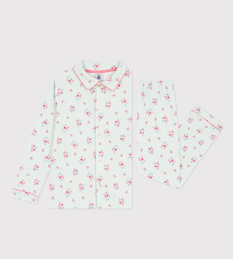 Petit Bateau – Pyjamas med striper og blomster – Grønn/hvit – Jente – 4-12 år