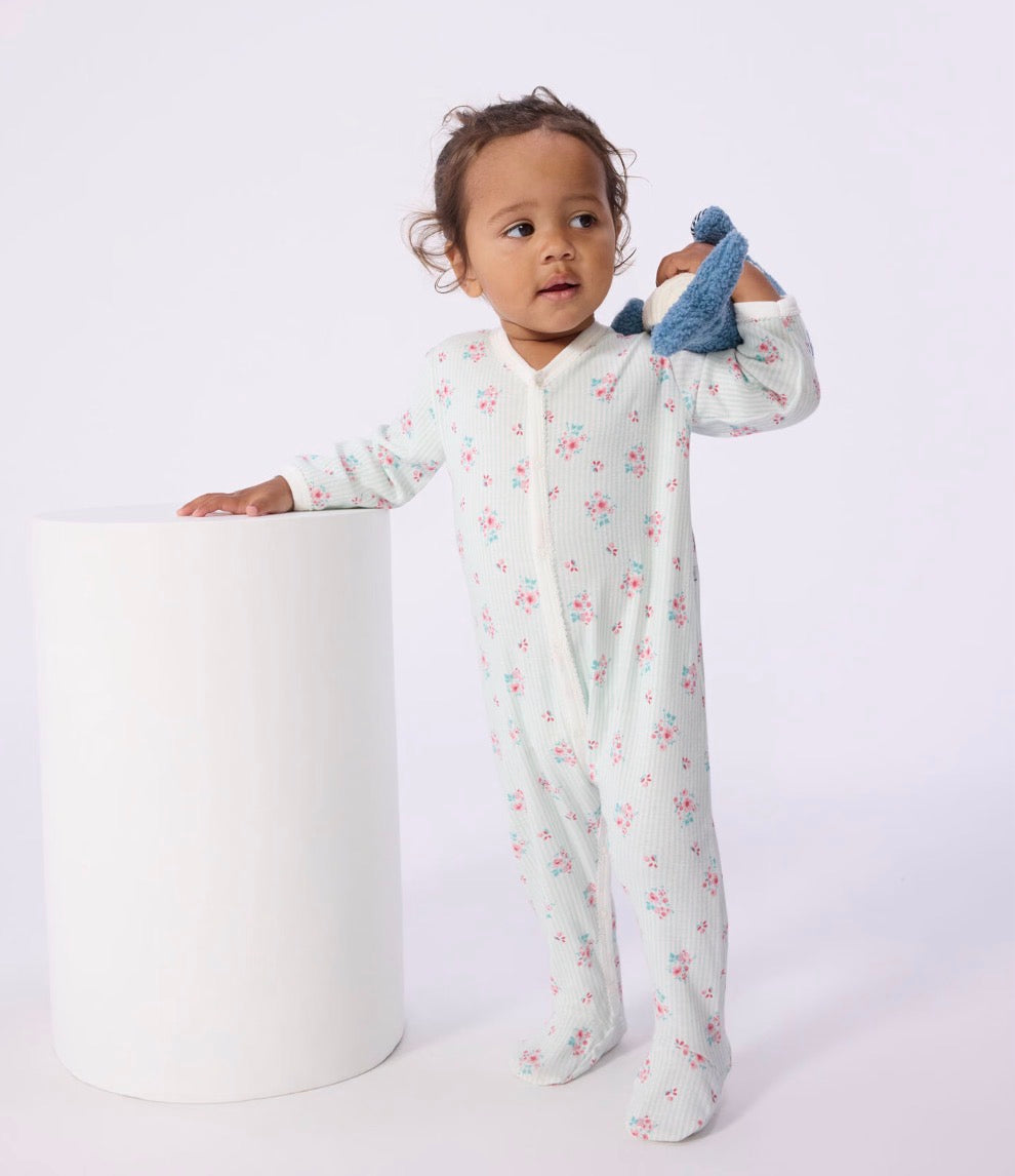 Petit Bateau – Pyjamas med striper og blomster – Lysegrønn/hvit – Jente – 0-2 år