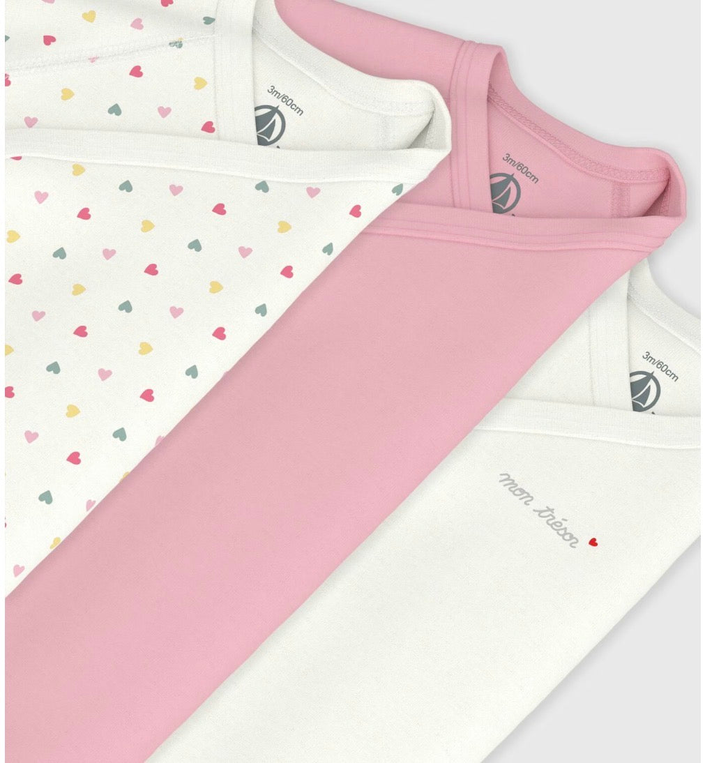 Petit Bateau – 3 pk body med kryssknepping – Rosa – Jente – 0-1 år