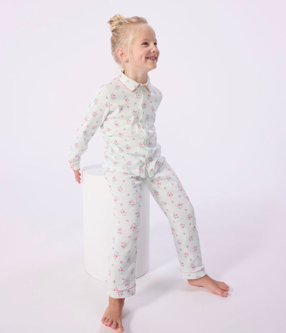 Petit Bateau – Pyjamas med striper og blomster – Grønn/hvit – Jente – 4-12 år