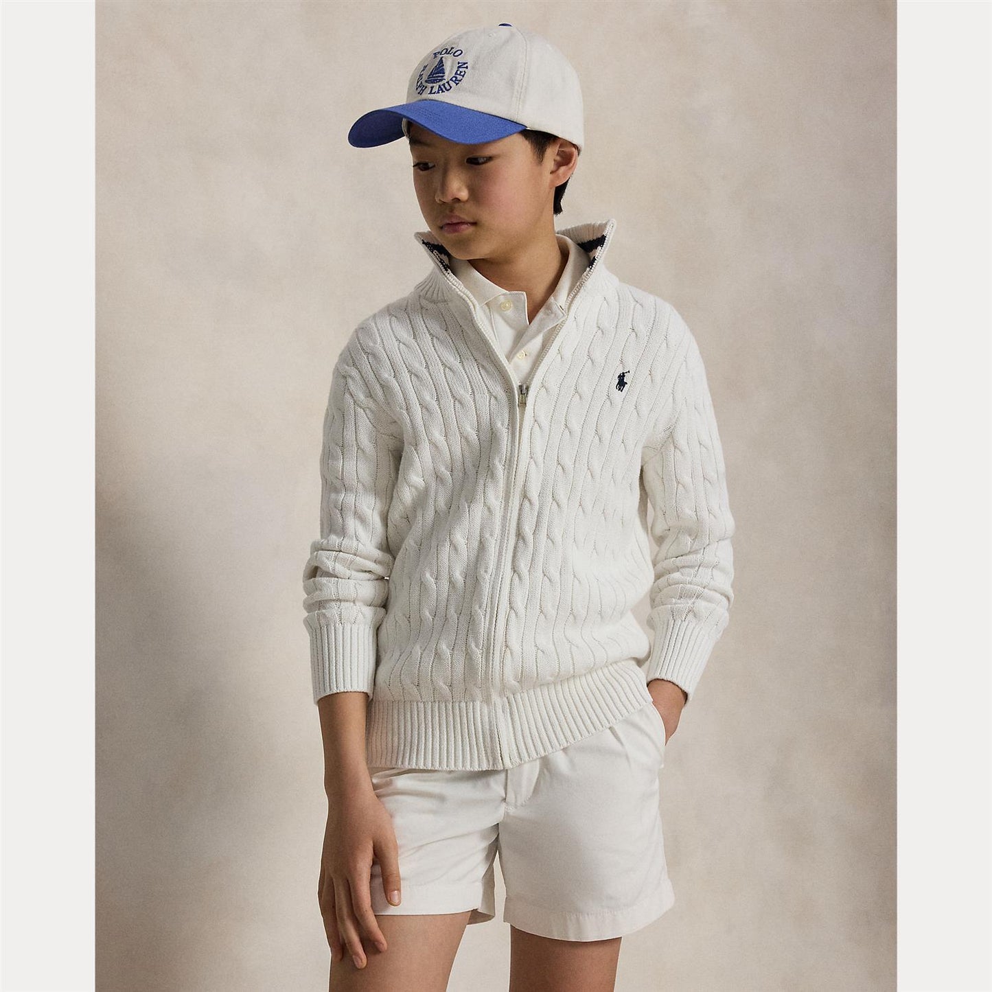Ralph Lauren  - FullZip -  Flettet Genser - Offwhite - 10-18 år