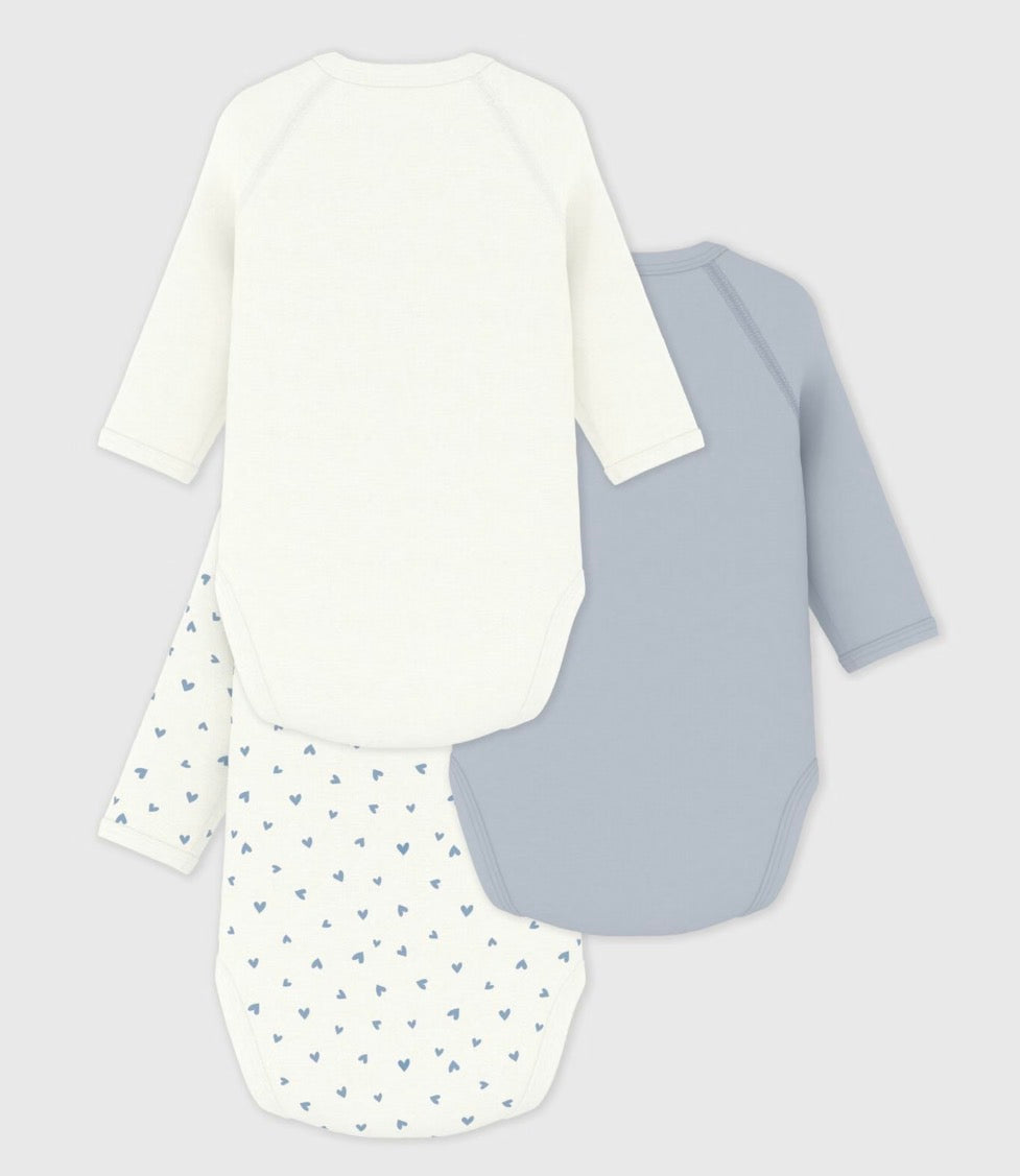 Petit Bateau – 3 pk body med kryssknepping – Blå – Gutt – 0-1 år