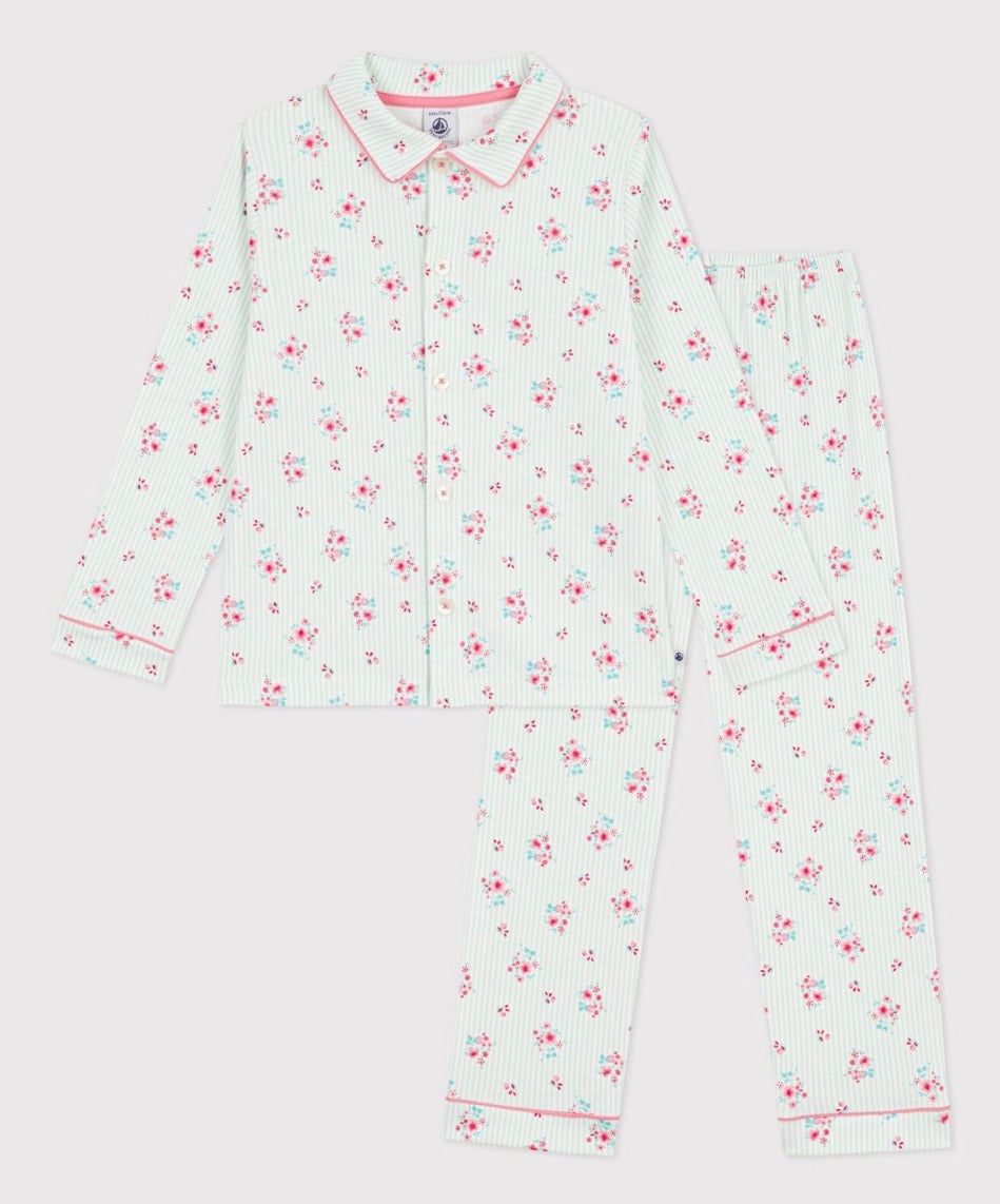 Petit Bateau – Pyjamas med striper og blomster – Grønn/hvit – Jente – 4-12 år