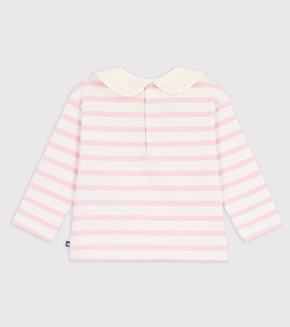 Petit Bateau – Genser med striper og krage – Rosa og offwhite – Jente – 1-3 år