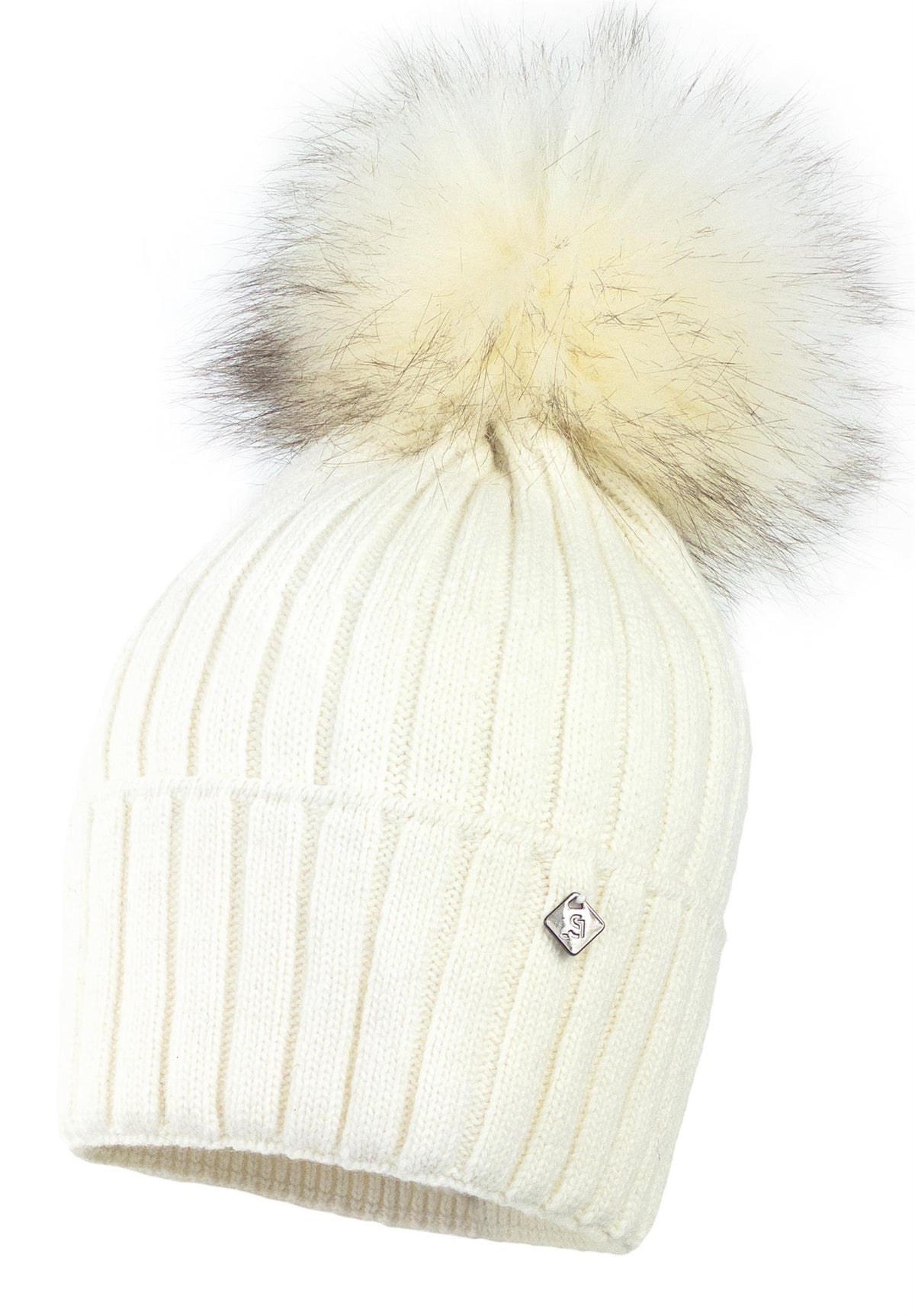Offwhite Jamiks Belize lue med ribbestrikk, oppbrett og én stor dusk.