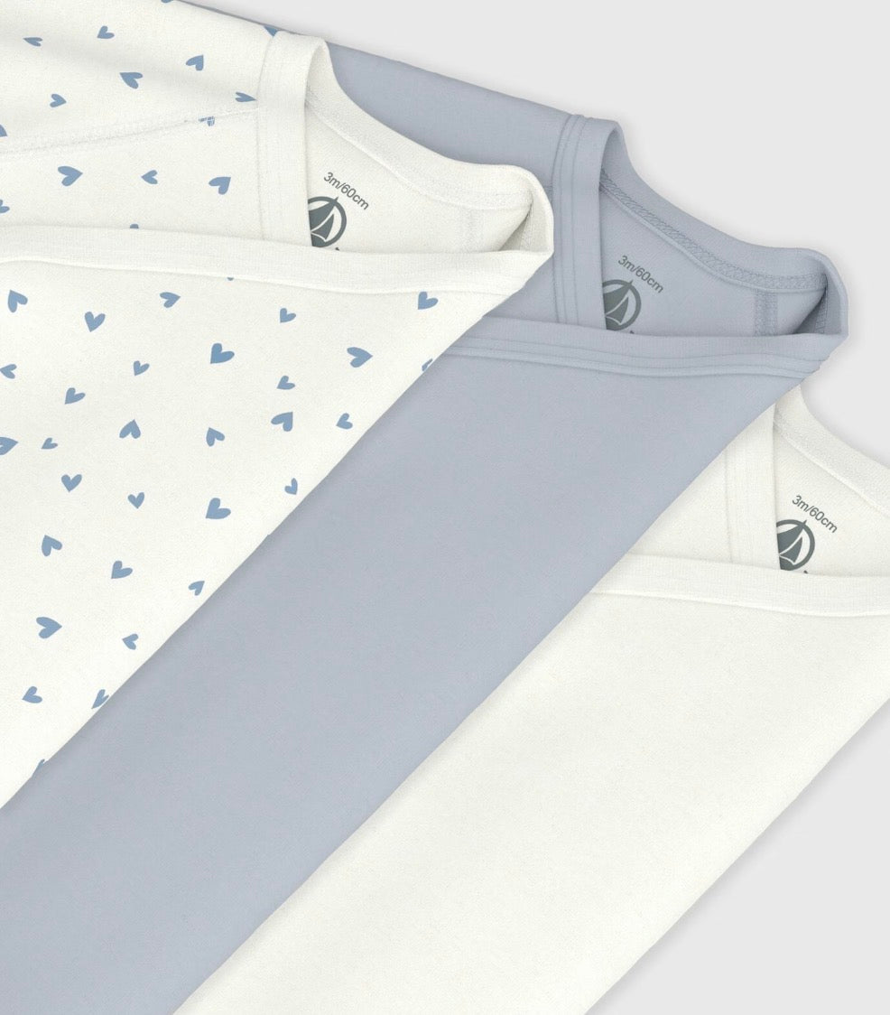 Petit Bateau – 3 pk body med kryssknepping – Blå – Gutt – 0-1 år