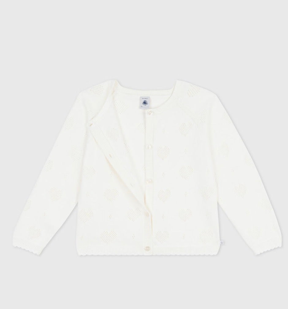 Petit Bateau – Cardigan med hjertemønster – Hvit – Jente – 3-12 år