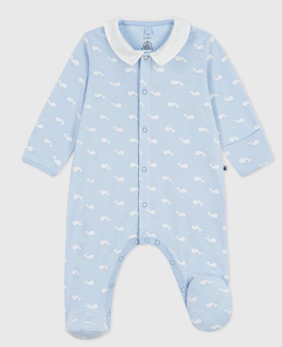 Petit Bateau – Heldrakt med hvalprint og krage – Blå – Gutt – 0-6 mnd – 0 år