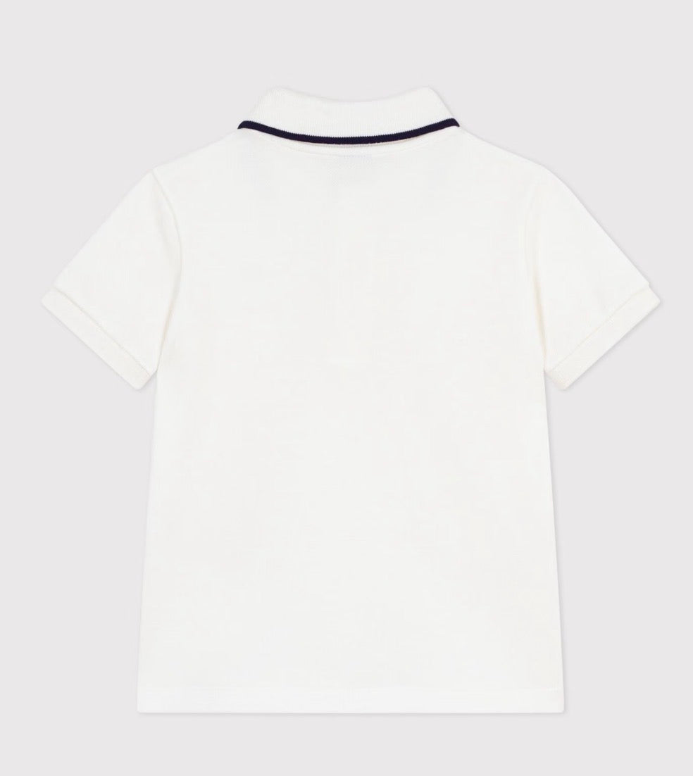 Petit Bateau – T-skjorte med blå kant på krage – Hvit – Gutt – 1-8 år