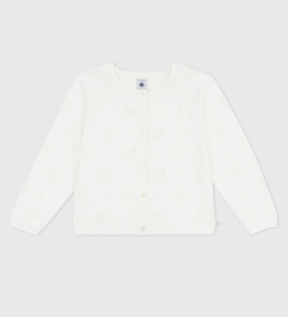 Petit Bateau – Cardigan med hjertemønster – Hvit – Jente – 3-12 år
