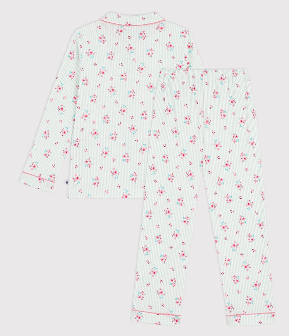 Petit Bateau – Pyjamas med striper og blomster – Grønn/hvit – Jente – 4-12 år