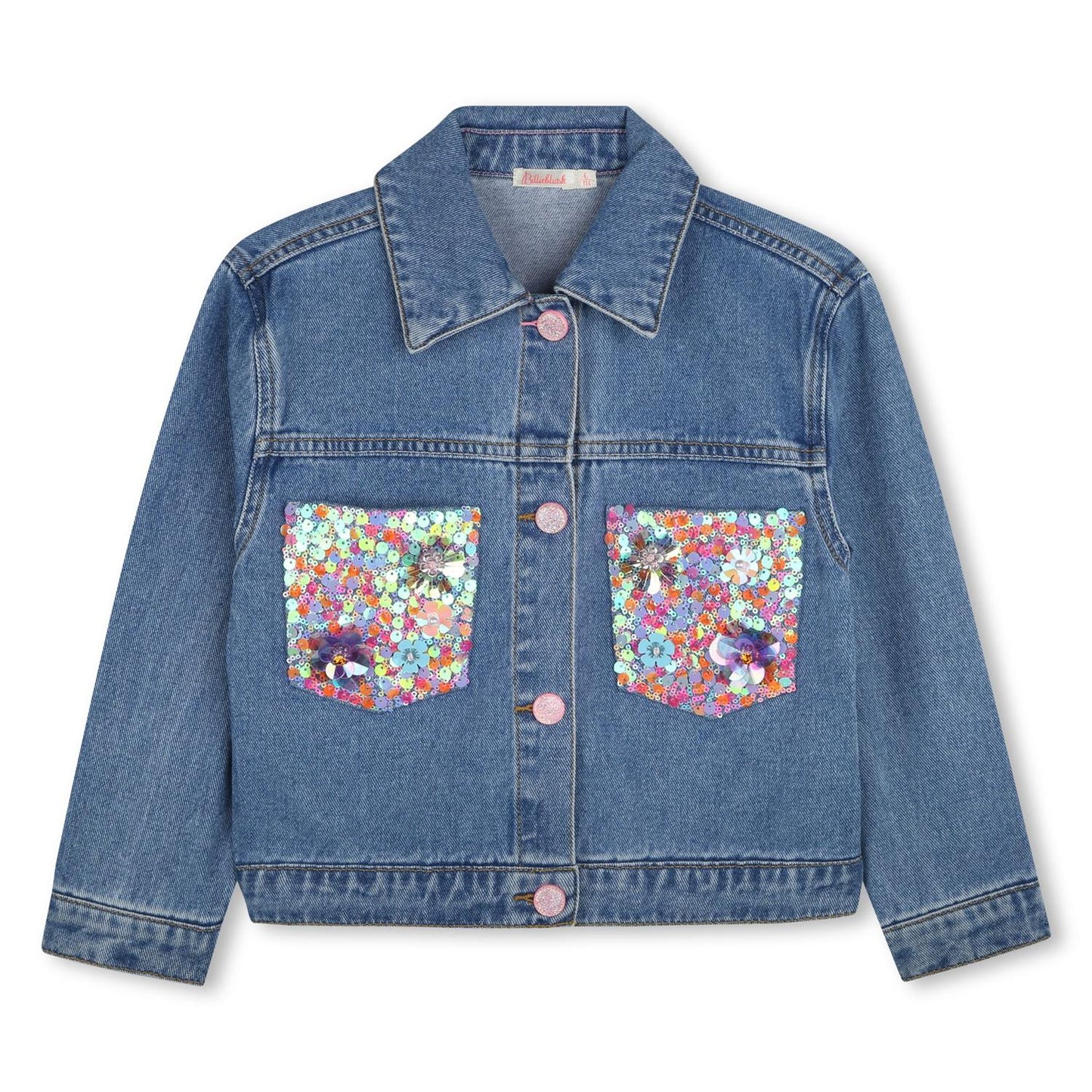 Billieblush denimjakke med paljetter – sett forfra, bakfra og på modell.