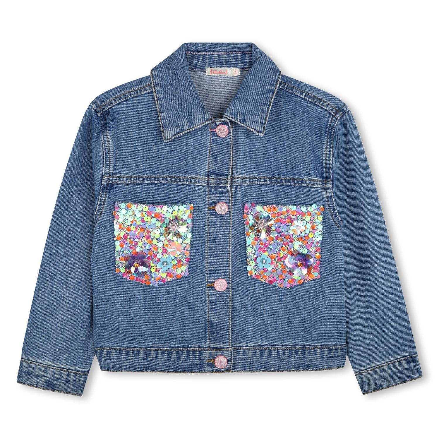 Billieblush denimjakke med paljetter – sett forfra, bakfra og på modell.