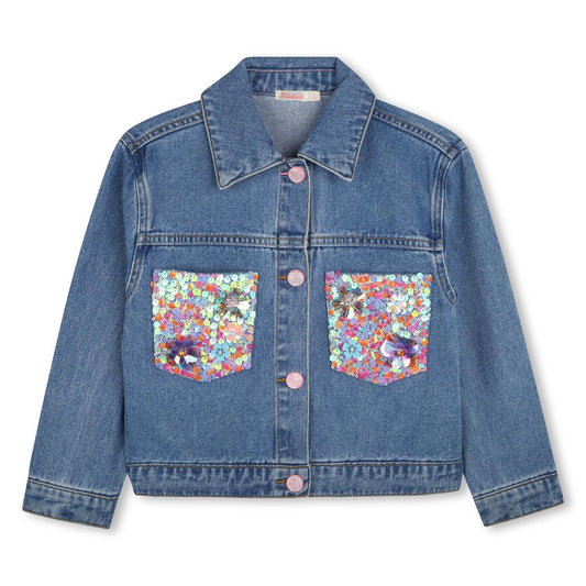 Billieblush denimjakke med paljetter – sett forfra, bakfra og på modell.