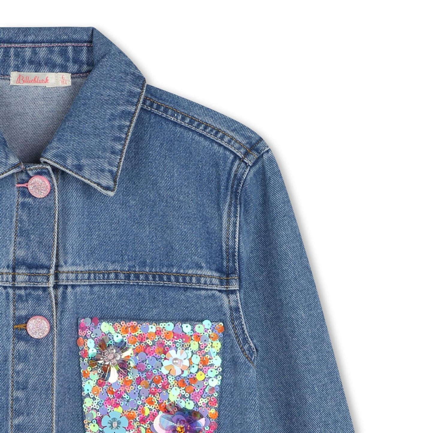 Billieblush denimjakke med paljetter – sett forfra, bakfra og på modell.