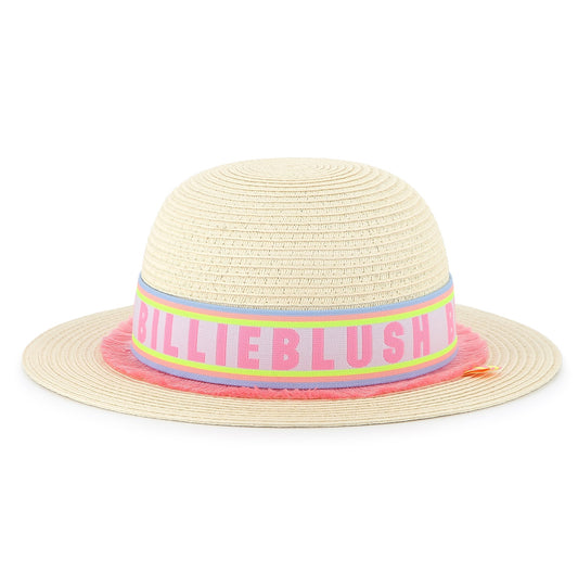 Billieblush stråhatt i offwhite med rosa logo – jente 3–9 år