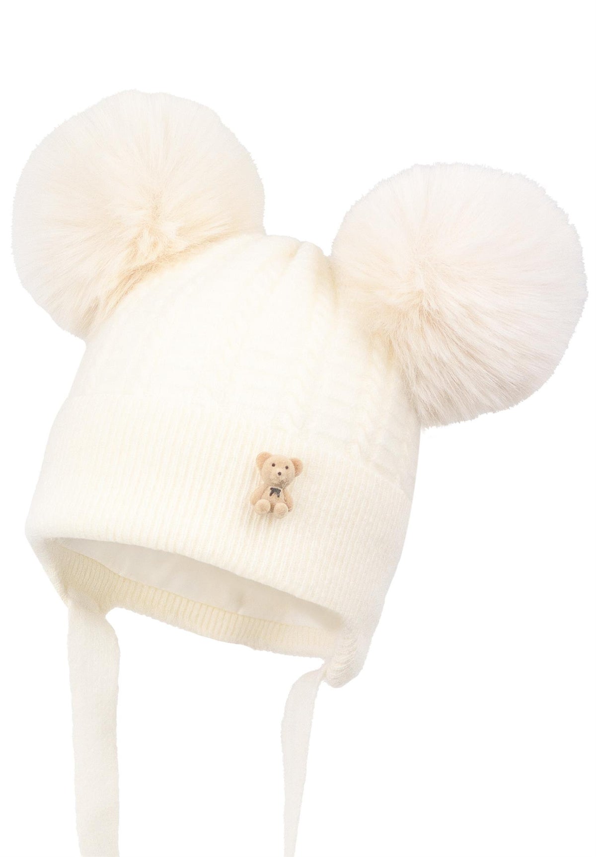 Offwhite Jamiks Mortis babylue med to dusker, knytebånd og bamsepynt foran.