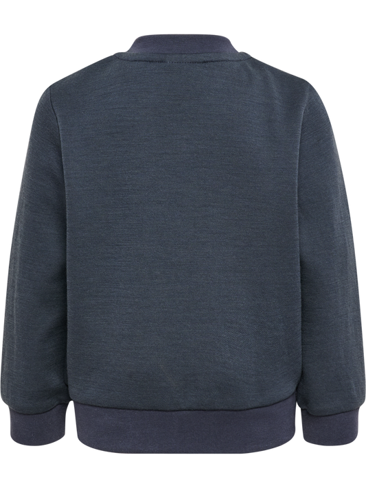 Blå Hummel Mini Wool-jakke sett bakfra, med ribbestrikkede kanter.