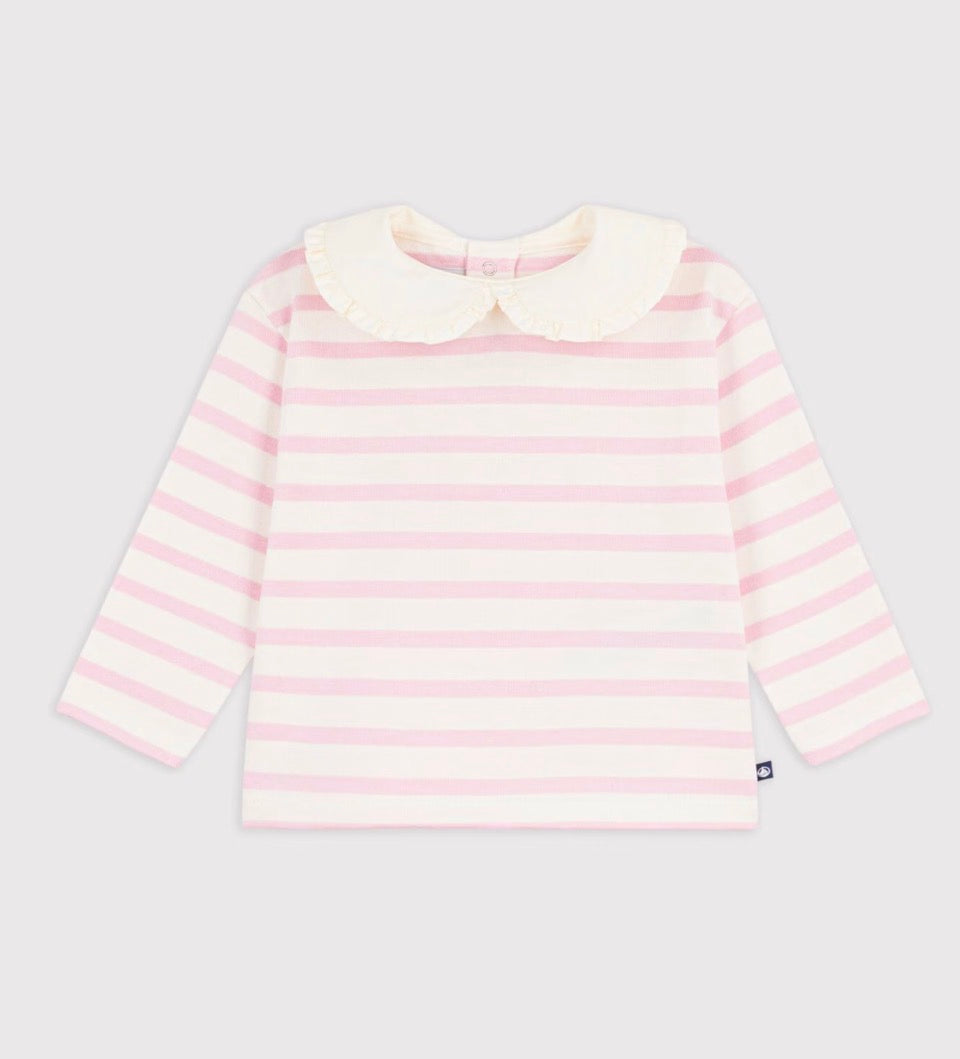 Petit Bateau – Genser med striper og krage – Rosa og offwhite – Jente – 1-3 år