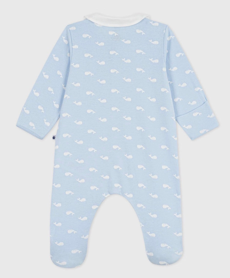 Petit Bateau – Heldrakt med hvalprint og krage – Blå – Gutt – 0-6 mnd – 0 år